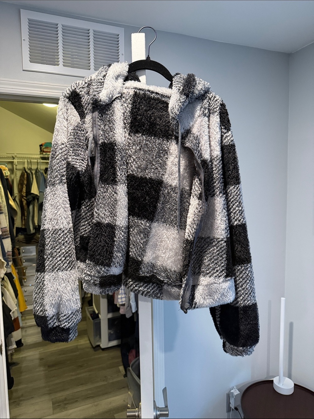 Cozy Black & Gray Plaid Sherpa Hoodie
